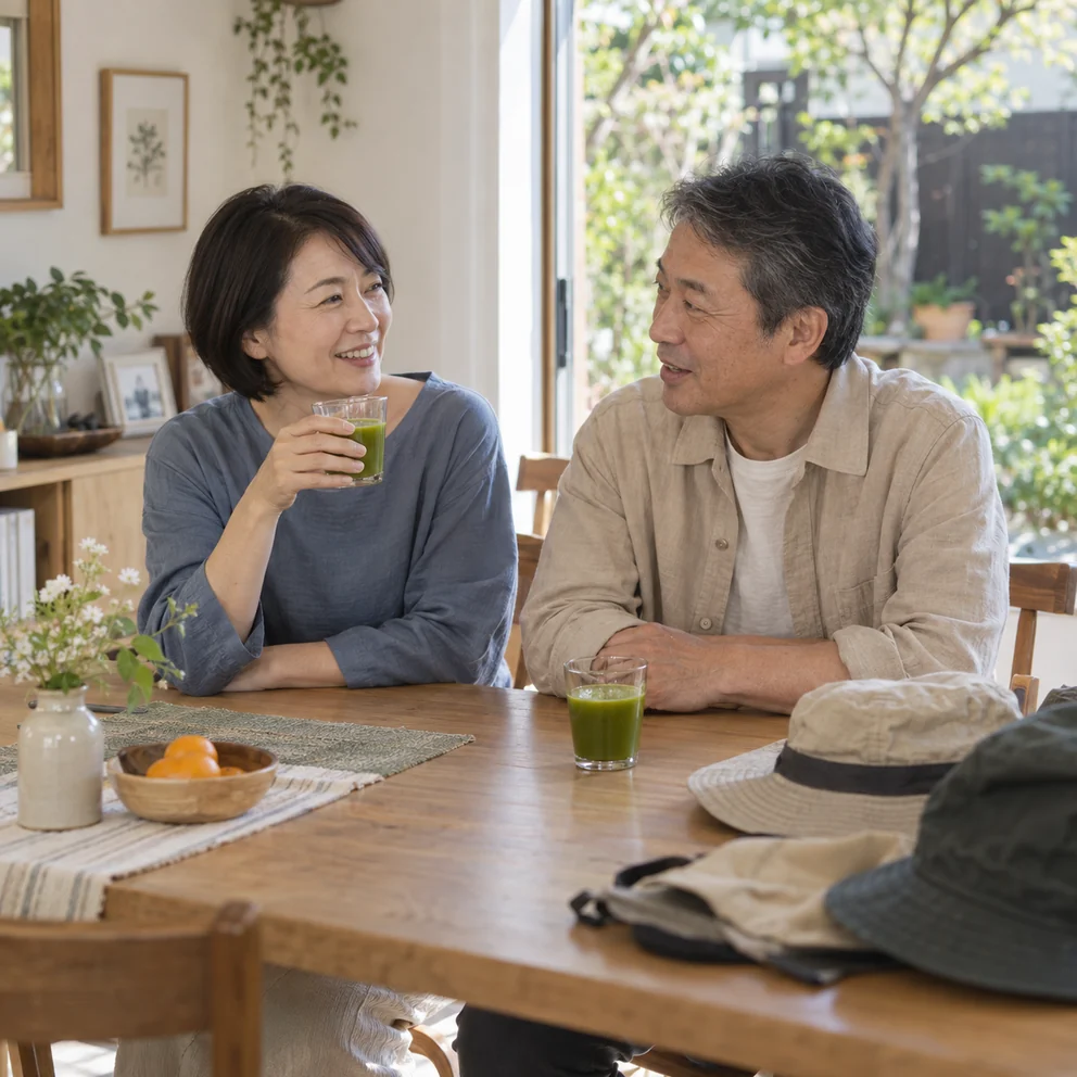 朝の散歩から帰り、青汁を囲んで話す50代夫婦