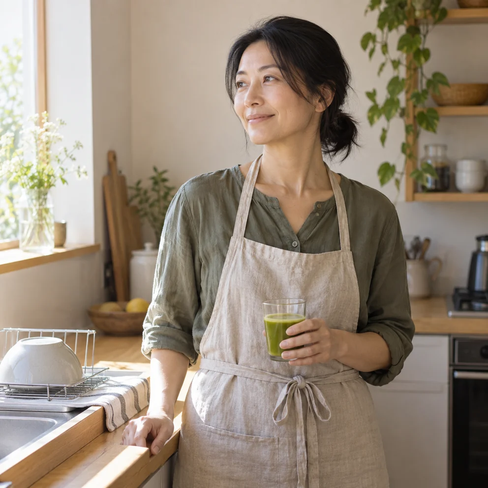 家族を送り出したあとの台所で青汁を手にする40代女性