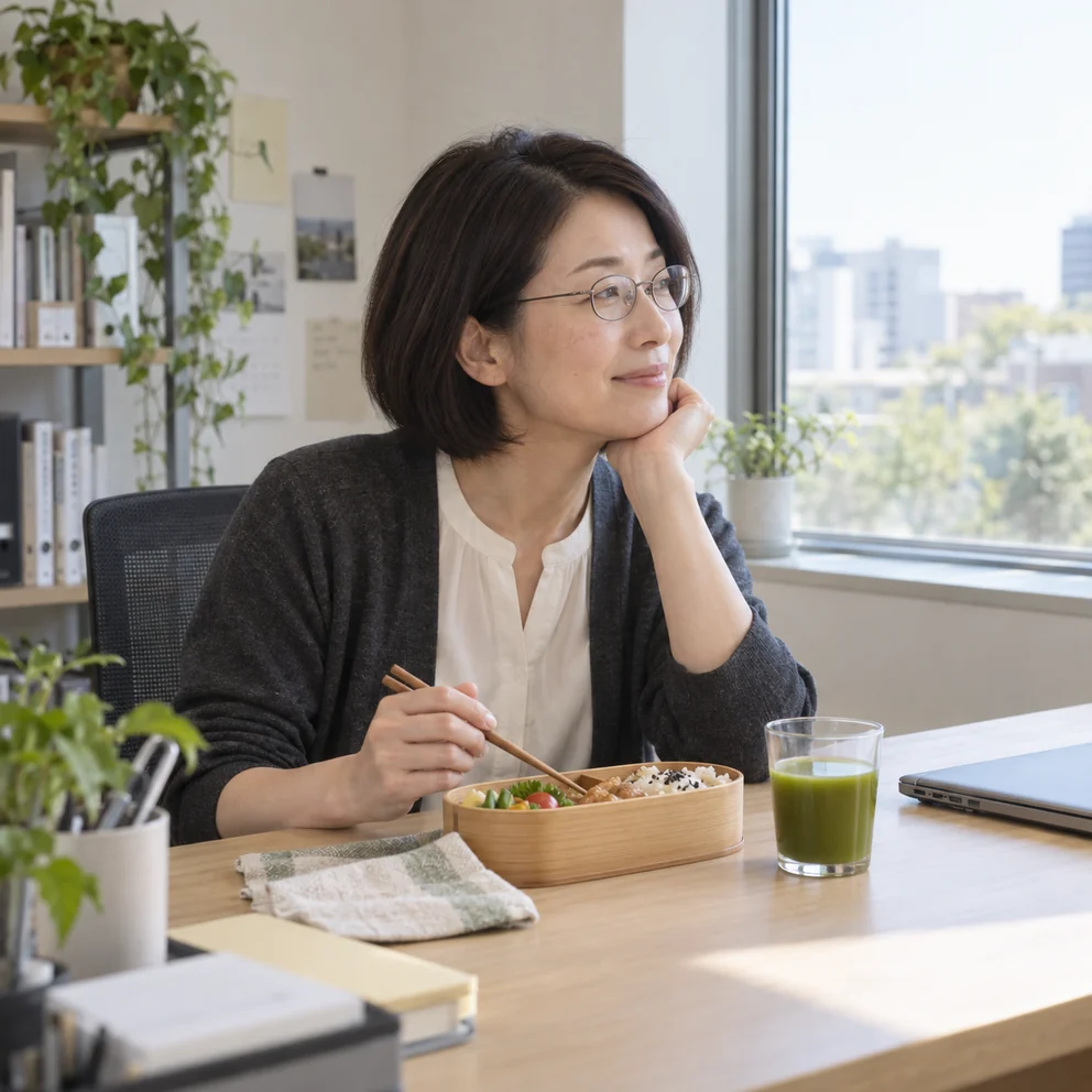 職場のお昼休み、お弁当と青汁を机に置く40代女性