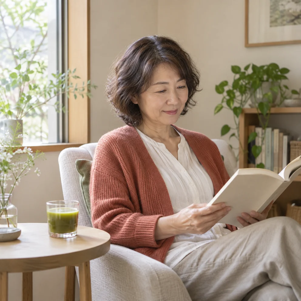 窓辺で青汁をそばに置き、読書を楽しむ50代女性