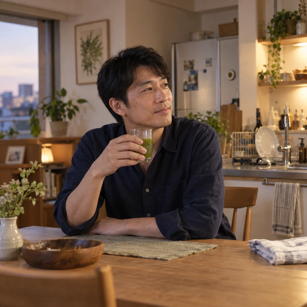 夕食の片付けを終え、青汁でひと息つく40代男性