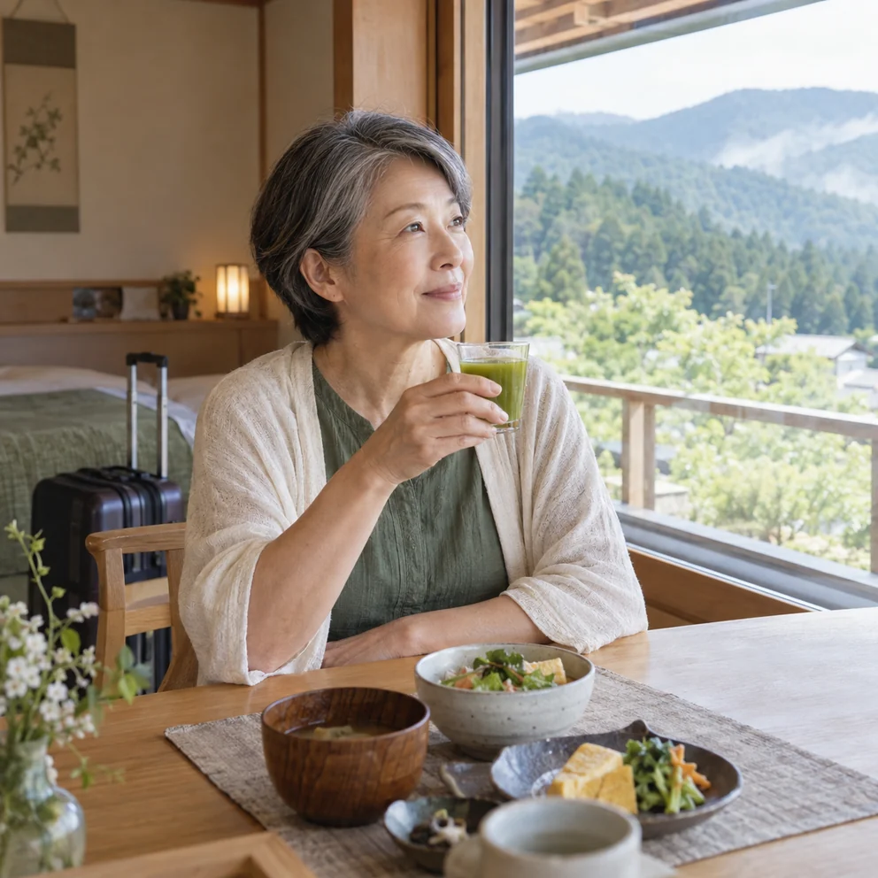 旅先の宿で朝の景色を眺め、青汁を手にする60代女性