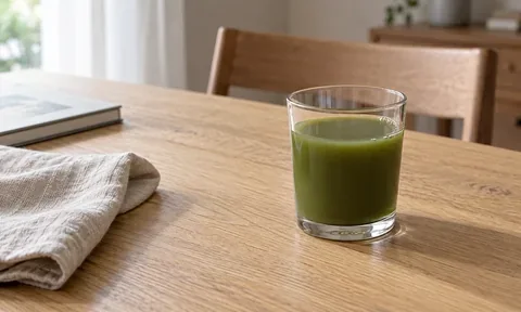 自然光の入る食卓に置いた青汁の一杯