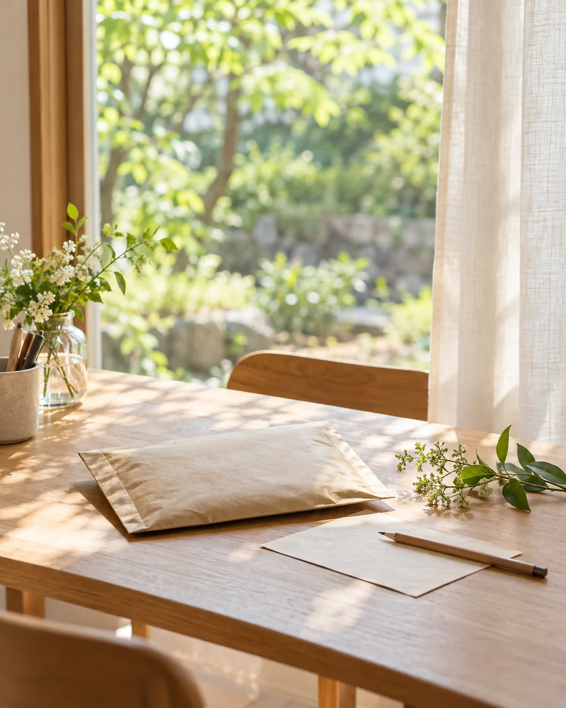 木の机にクラフト封筒と便箋を置いた、手紙を届ける暮らしのイメージ