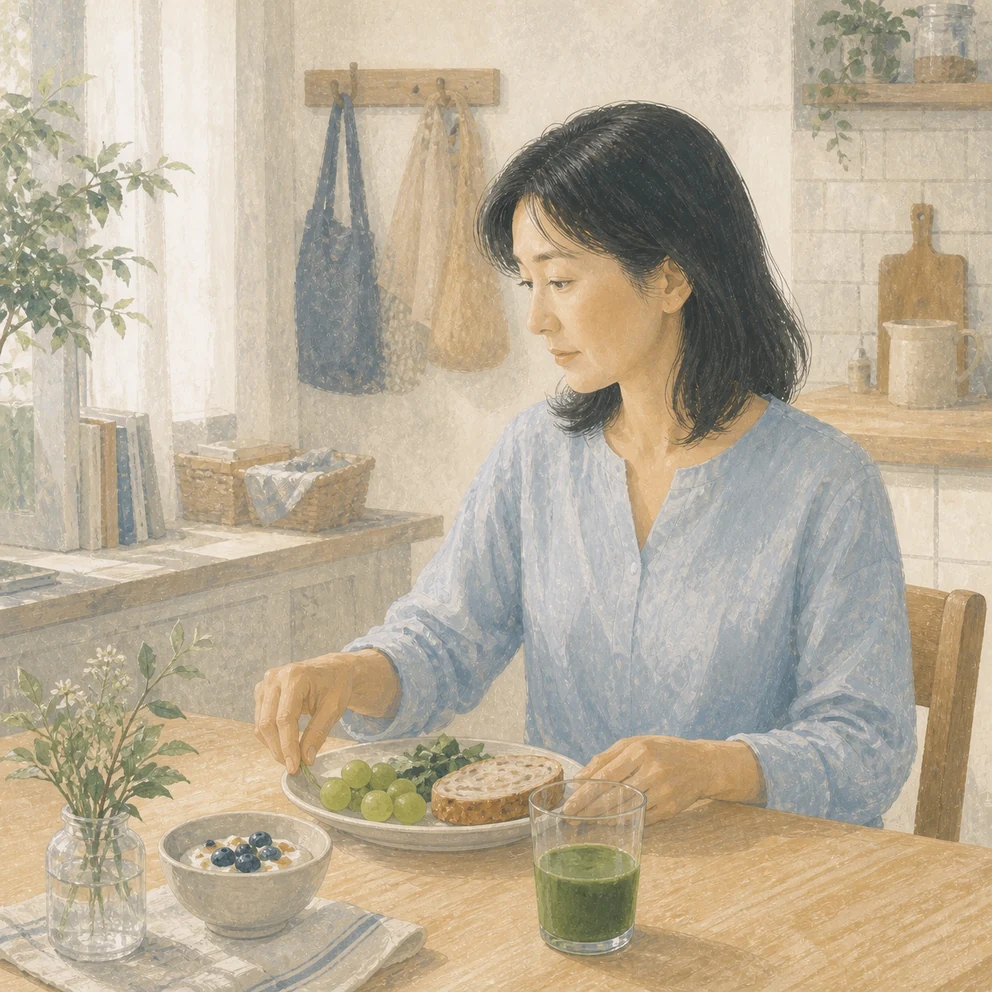 朝ごはんの席で緑のドリンクを添える女性のイラスト