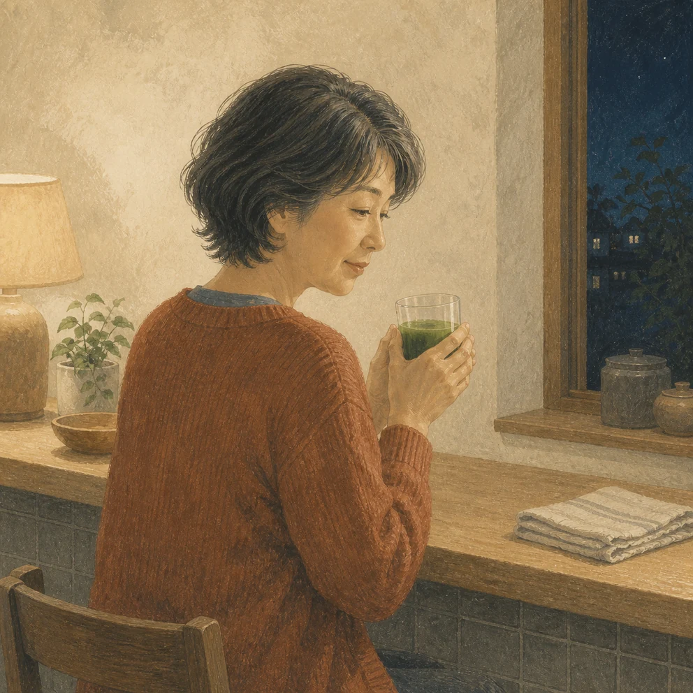夕食の片付けを終えた夜に緑のドリンクを両手で持つ女性のイラスト