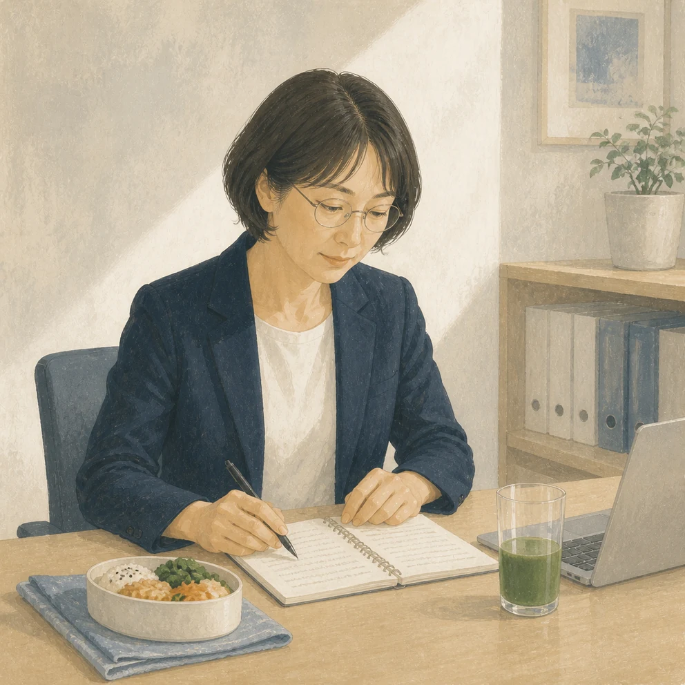 職場のお昼休みに緑のドリンクを机へ置く女性のイラスト