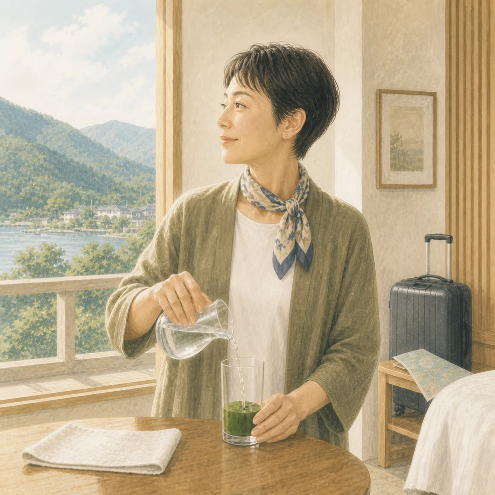 旅先の宿で景色を眺めながら緑のドリンクを作る女性のイラスト