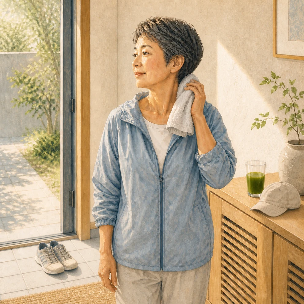 朝の散歩から帰り、明るい庭を眺める女性のイラスト