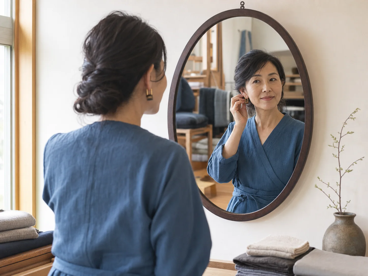 アトリエの鏡で耳飾りを整える女性