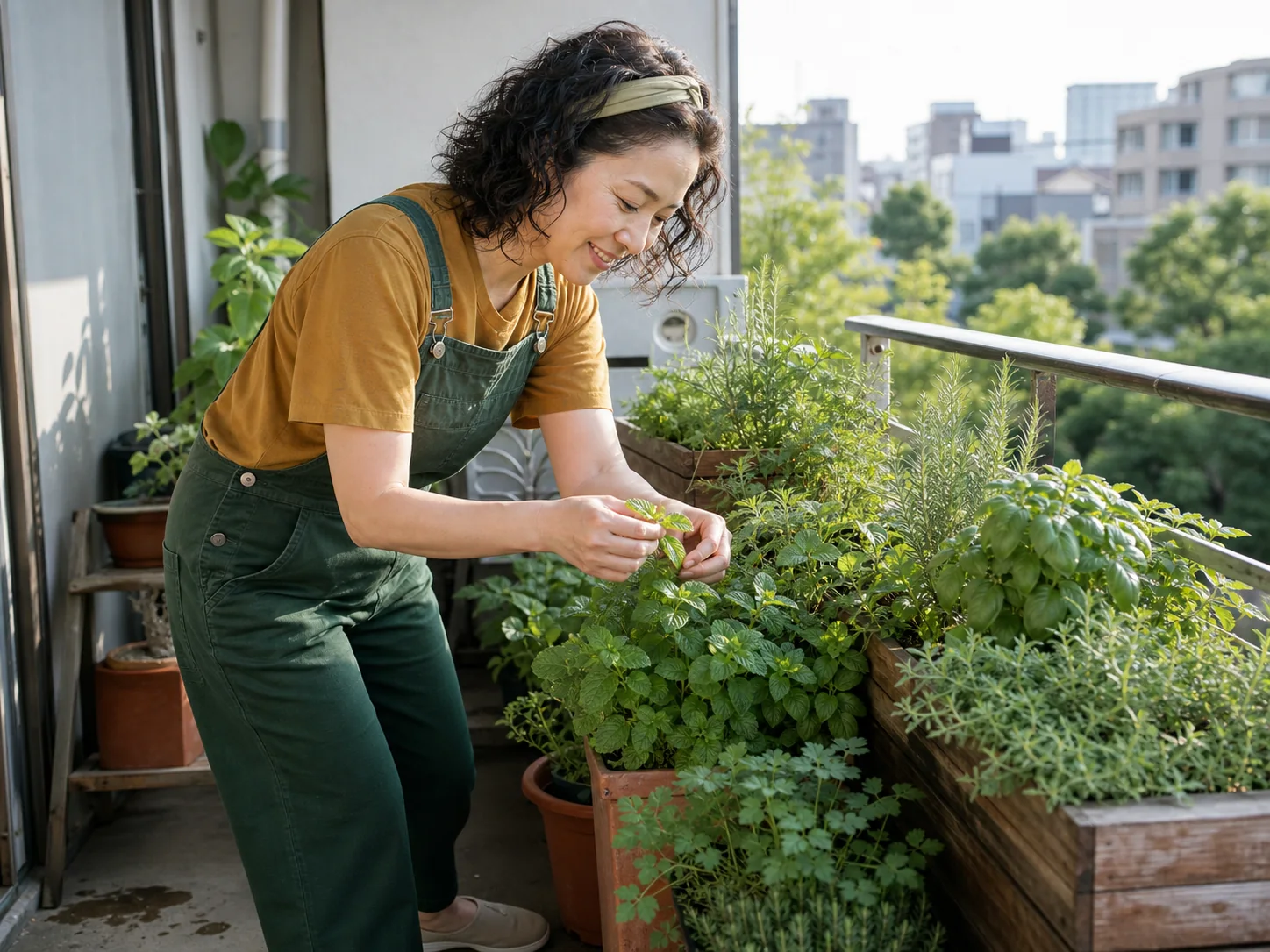 朝のベランダでハーブを手入れする女性