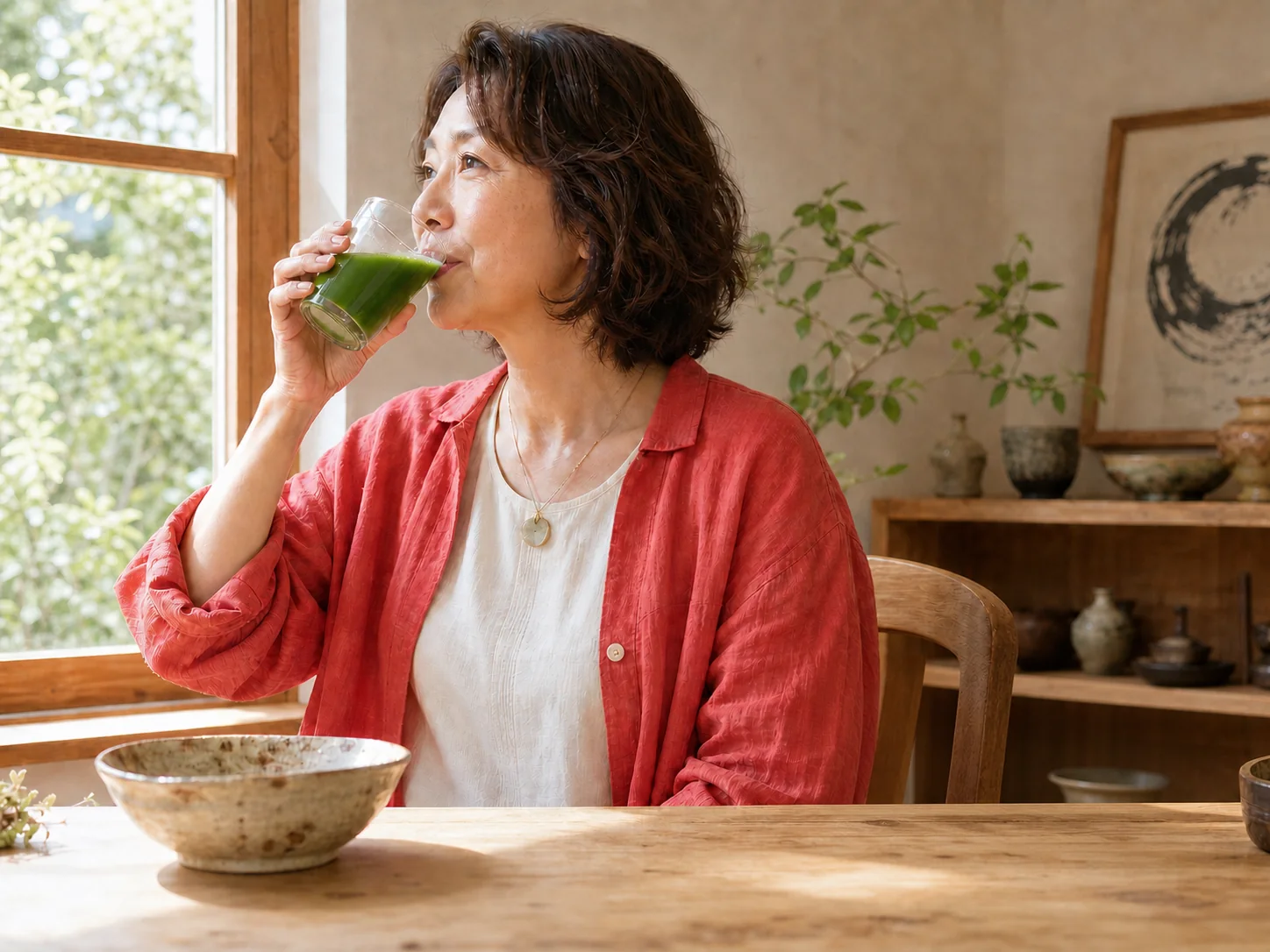 朝の食卓でブロッコリースプラウトEXを飲む女性