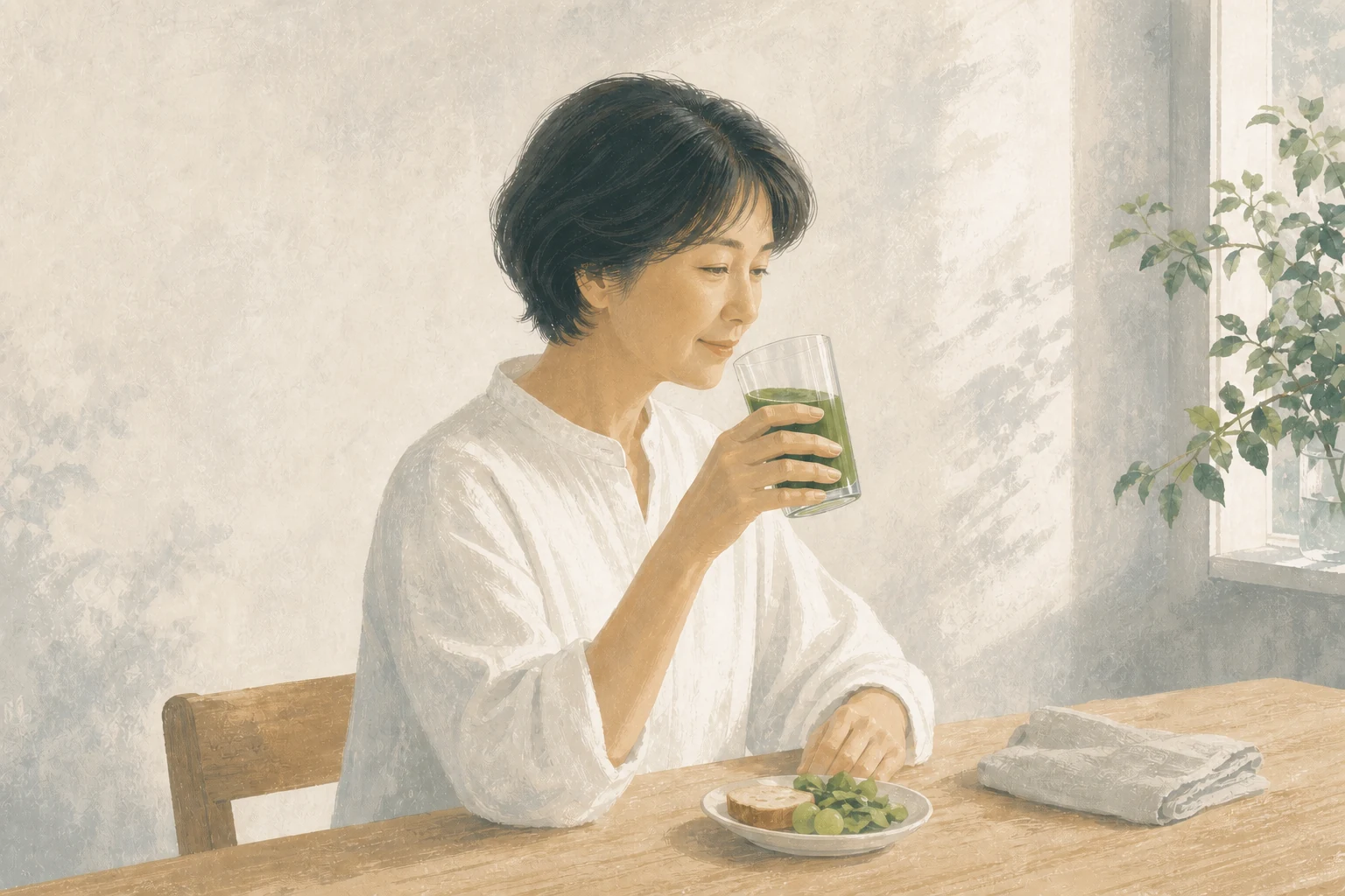 朝の食卓で青汁を飲む女性のイラスト