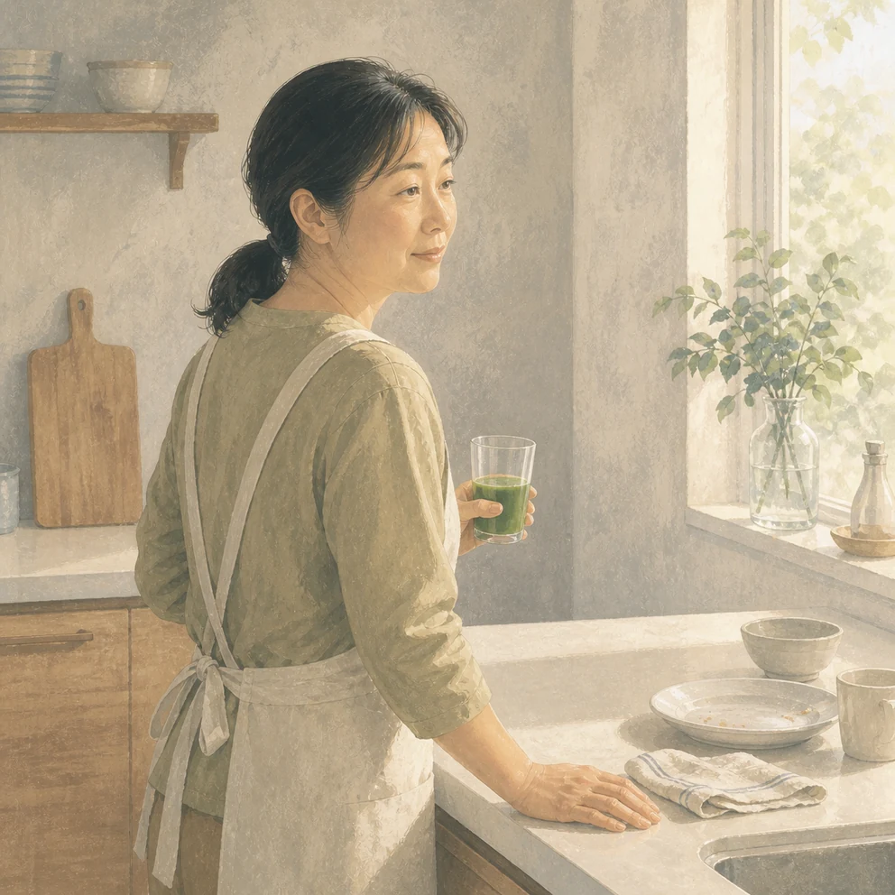 家族を送り出したあとの台所で緑のドリンクを手にする女性のイラスト