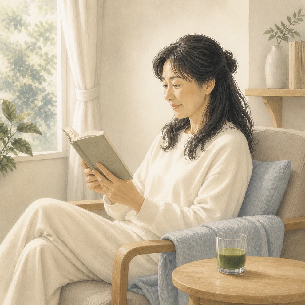 休日に読書を楽しみながら緑のドリンクをそばへ置く女性のイラスト