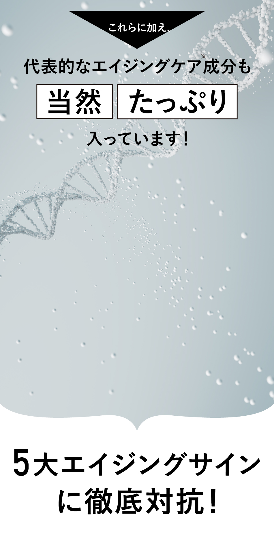 コエンザイムQ10、DHA/EPA、トランスレスベラトロール、αリポ酸、グルタチオンなどの代表的なエイジングケア成分もたっぷり