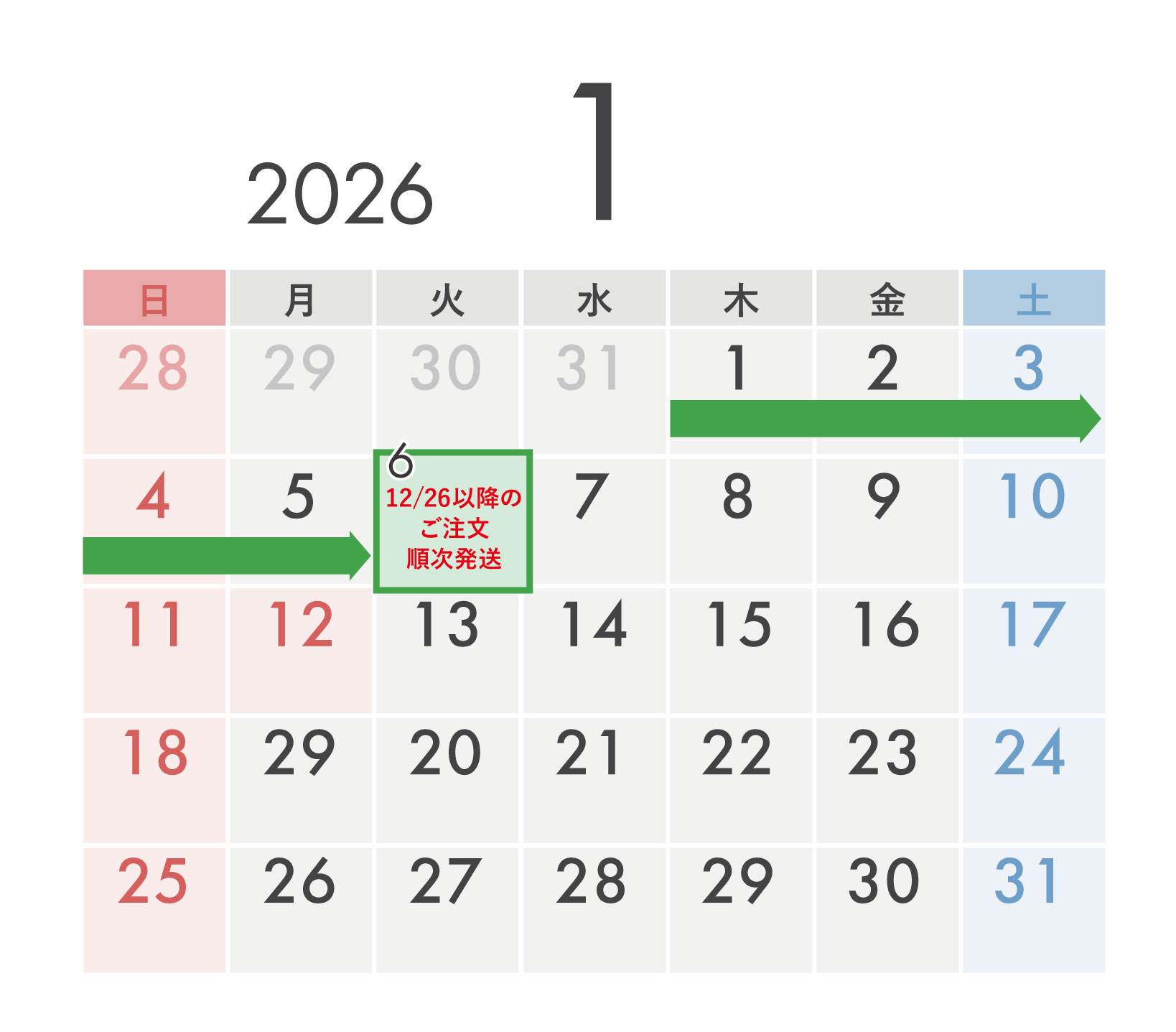 2025-2026年末年始:休業期間についてのカレンダー（1月）