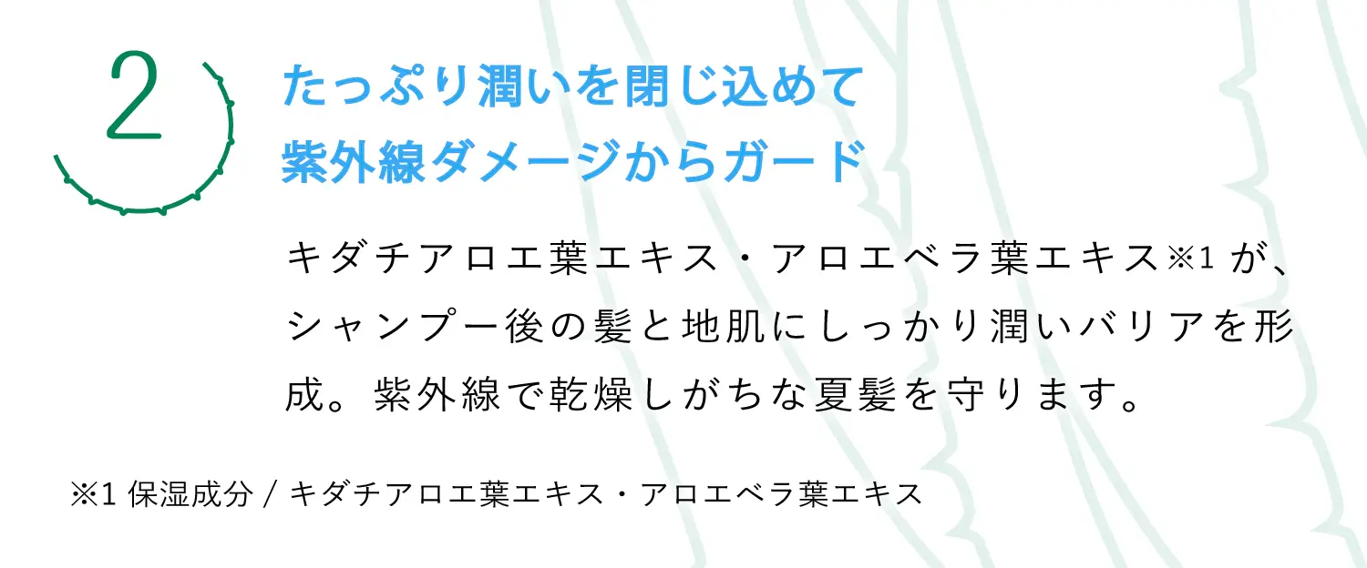 (2)たっぷり潤いを閉じ込めて紫外線ダメージからガード（キダチアロエ葉エキス・アロエベラ葉エキス※1が、シャンプー後の髪と地肌にしっかり潤いバリアを形成。紫外線で乾燥しがちな夏髪を守ります。※1 保湿成分/ キダチアロエ葉エキス・アロエベラ葉エキス）