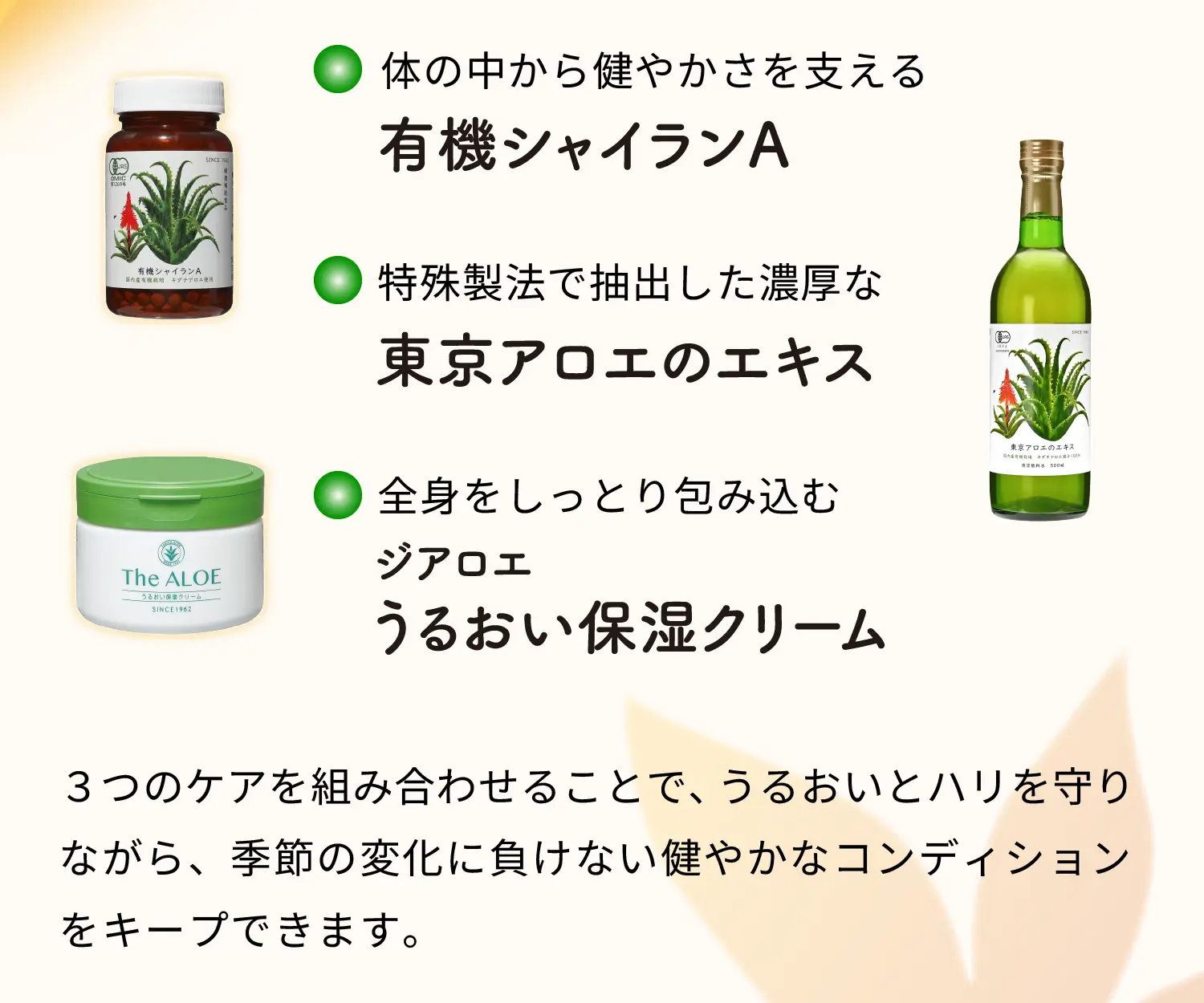 体の中から健やかさを支える「有機シャイランA」。特殊製法で抽出した濃厚な「東京アロエのエキス」。全身をしっとり包み込む「ジアロエ うるおい保湿クリーム」。３つのケアを組み合わせることで、うるおいとハリを守りながら、季節の変化に負けない健やかなコンディションをキープできます。