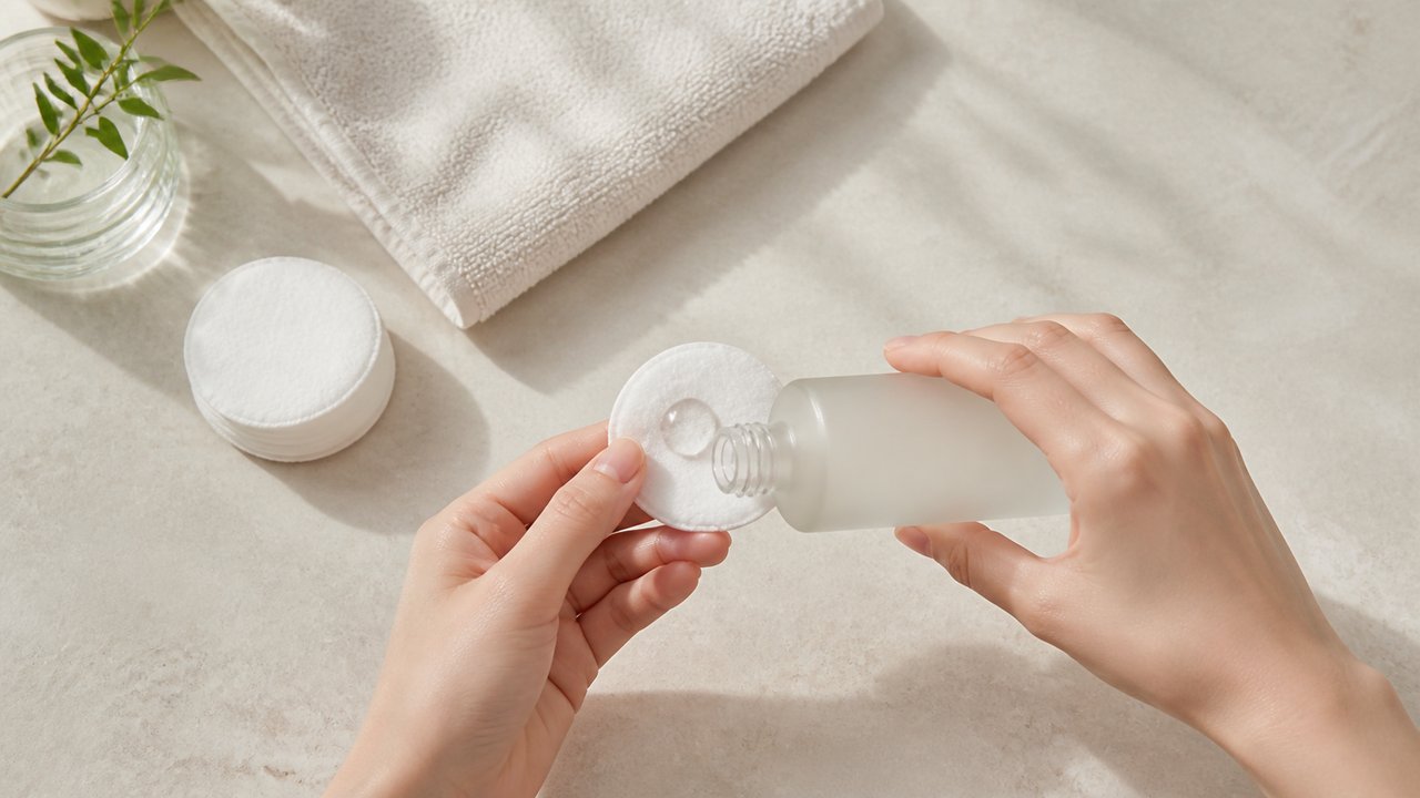 洗顔後に手のひらで化粧水をなじませるイメージ