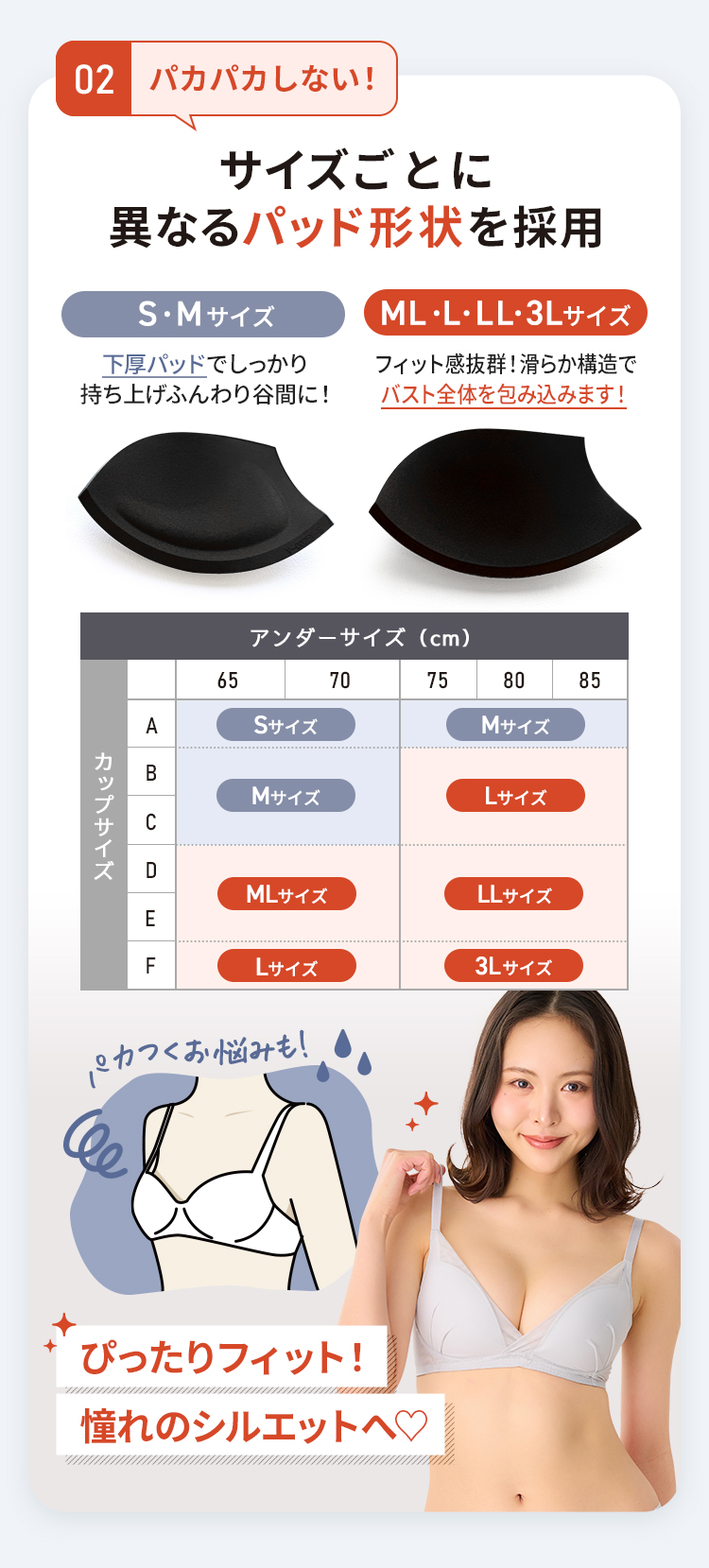 サイズ毎に異なるパッド形状を採用