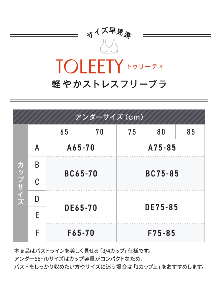 トゥリーティ 軽やかストレスフリーブラ サイズ早見表