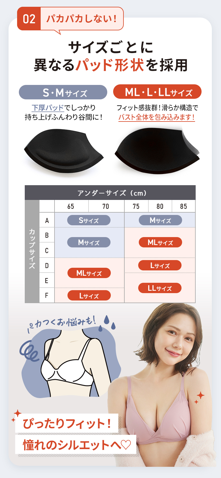 サイズ毎に異なるパッド形状を採用