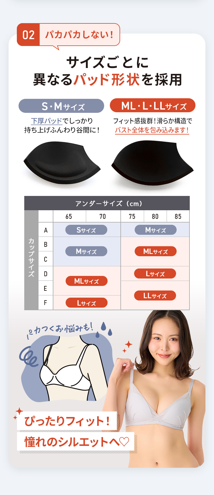 サイズ毎に異なるパッド形状を採用