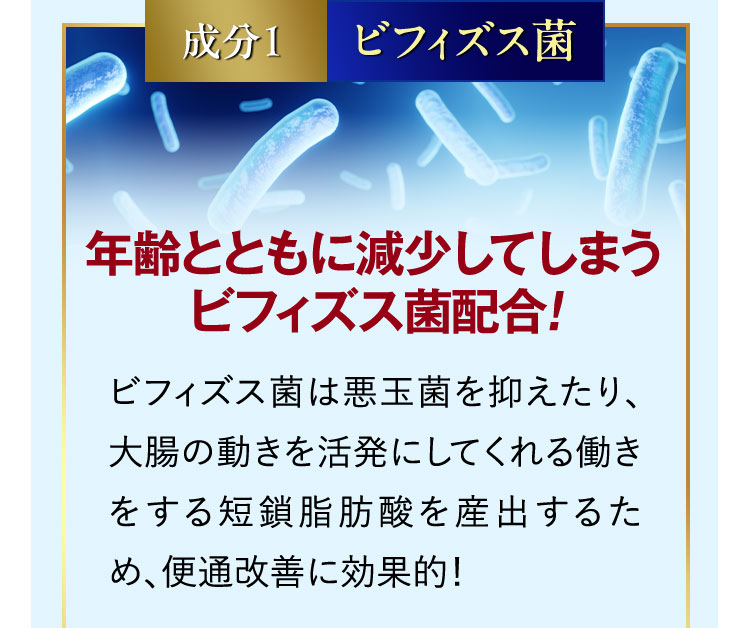 成分1 ビフィズス菌 年齢とともに減少してしまうビフィズス菌配合！ ビフィズス菌は悪玉菌を抑えたり、大腸の動きを活発にしてくれる働きをする短鎖脂肪酸を産出するため、便通改善に効果的！