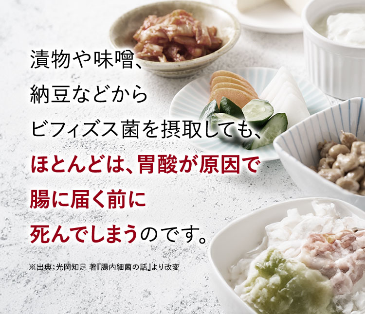 漬物や味噌、納豆などからビフィズス菌を摂取しても、ほとんどは、胃酸が原因で腸に届く前に死んでしまうのです。 ※出典：光岡知足 著 「腸内細菌の話」より改変