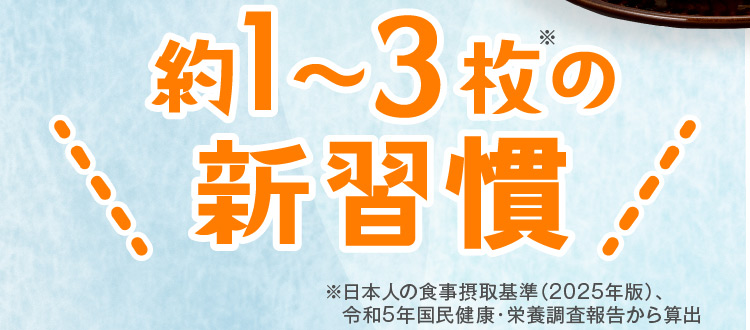 約1から3枚※の新習慣 ※日本人の食事摂取基準（2025年版）令和5年国民健康・栄養調査報告から算出