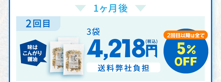 1ヶ月後 2回目 味はこんがり醤油 3袋4,218円（税込）送料弊社負担 2回目以降は全て5％OFF