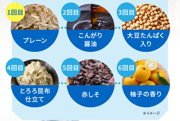1回目プレーン 2回目こんがり醤油 3回目大豆たんぱく入り 4回目とろろ昆布仕立て 5回目赤しそ 6回目柚子の香り ※イメージ