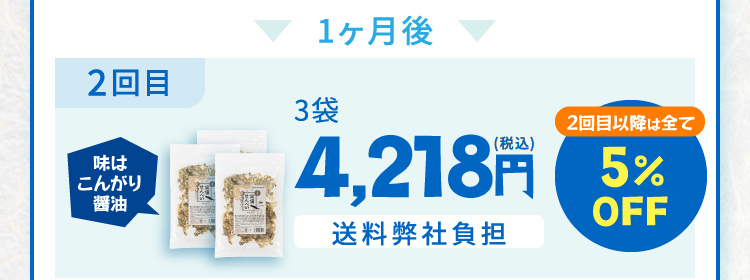 1ヶ月後 2回目 味はこんがり醤油 3袋4,218円（税込）送料弊社負担 2回目以降は全て5％OFF