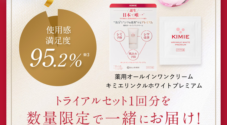 使用感満足度 95.2%※3 薬用オールインワンクリーム キミエリンクルホワイトプレミアム トライアルセット1回分を数量限定で一緒にお届け！