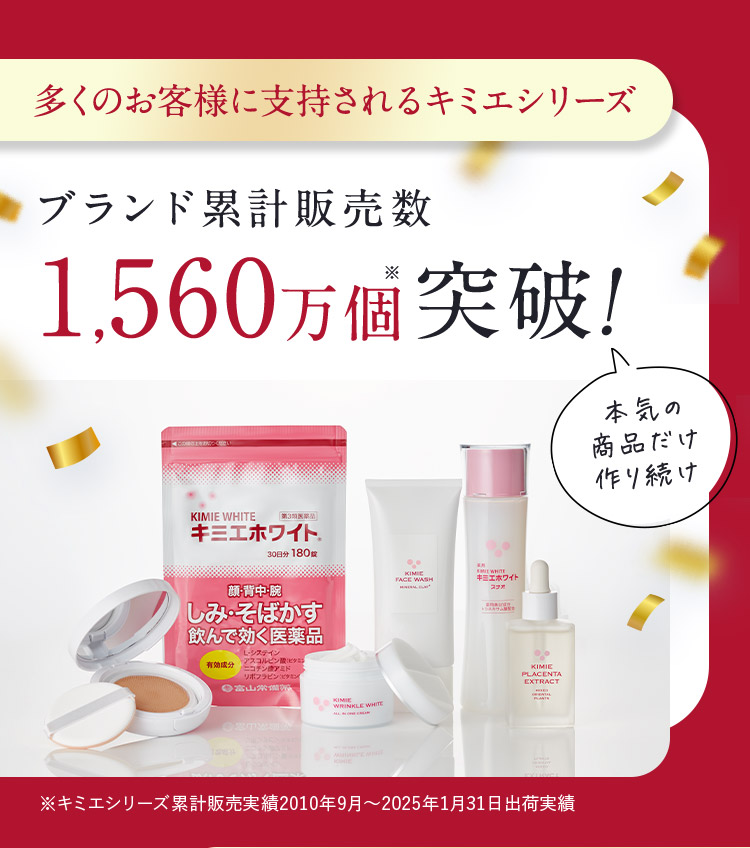 多くのお客様に支持されるキミエシリーズ 本気の商品だけ作り続けブランド累計販売数1,560万個※突破 ※キミエシリーズ累計販売実績2010年9月から2025年1月30日出荷実績