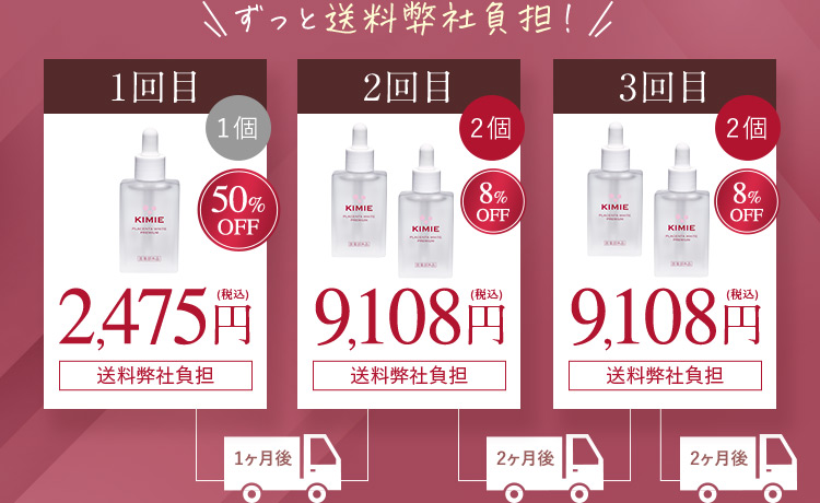 ずっと送料弊社負担！ 1回目 1個 50％OFF 1,980円(税込) 送料弊社負担 1ヶ月後 2回目 2個 8％OFF 9,108円(税込) 送料弊社負担 2ヶ月後 3回目 2個 8％OFF 9,108円(税込) 送料弊社負担 2ヶ月後