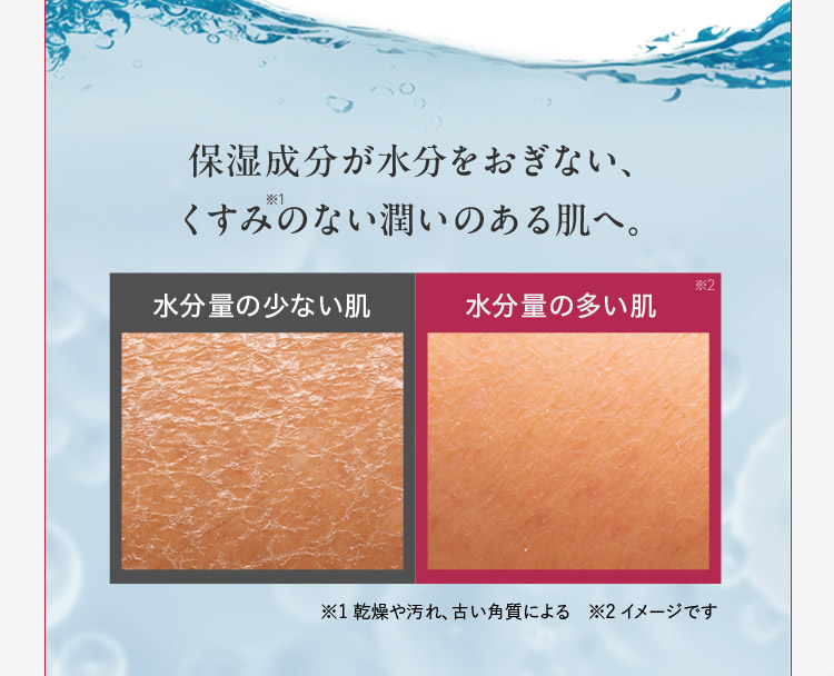 保湿成分が水分をおぎない、くすみ※1のない潤いのある肌へ。 水分量の少ない肌 水分量の多い肌※2 ※1 乾燥や汚れ、古い角質による ※2 イメージです