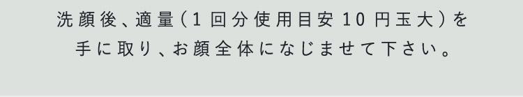 洗顔後、適量(1回分使用目安10円玉大)を手に取り、お顔全体になじませて下さい。