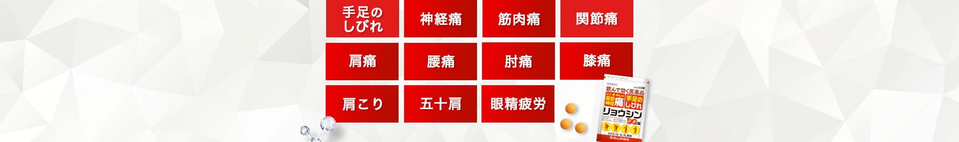 手足のしびれ・神経痛・筋肉痛・関節痛・肩痛・腰痛・肘痛・膝痛・肩こり・五十肩・眼精疲労