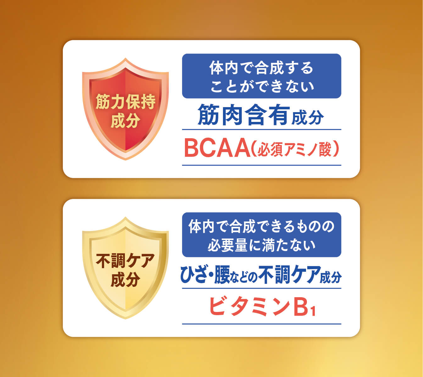 筋力保持成分：体内で合成することができない筋肉含有成分 BCAA（必須アミノ酸）、不調ケア成分：体内で合成できるものの必要量に満たないひざ・腰などの不調ケア成分 ビタミンB₁