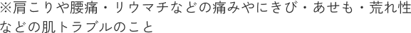 ※肩こりや腰痛・リウマチなどの痛みやにきび・あせも・肌荒れ性などの肌トラブルのこと