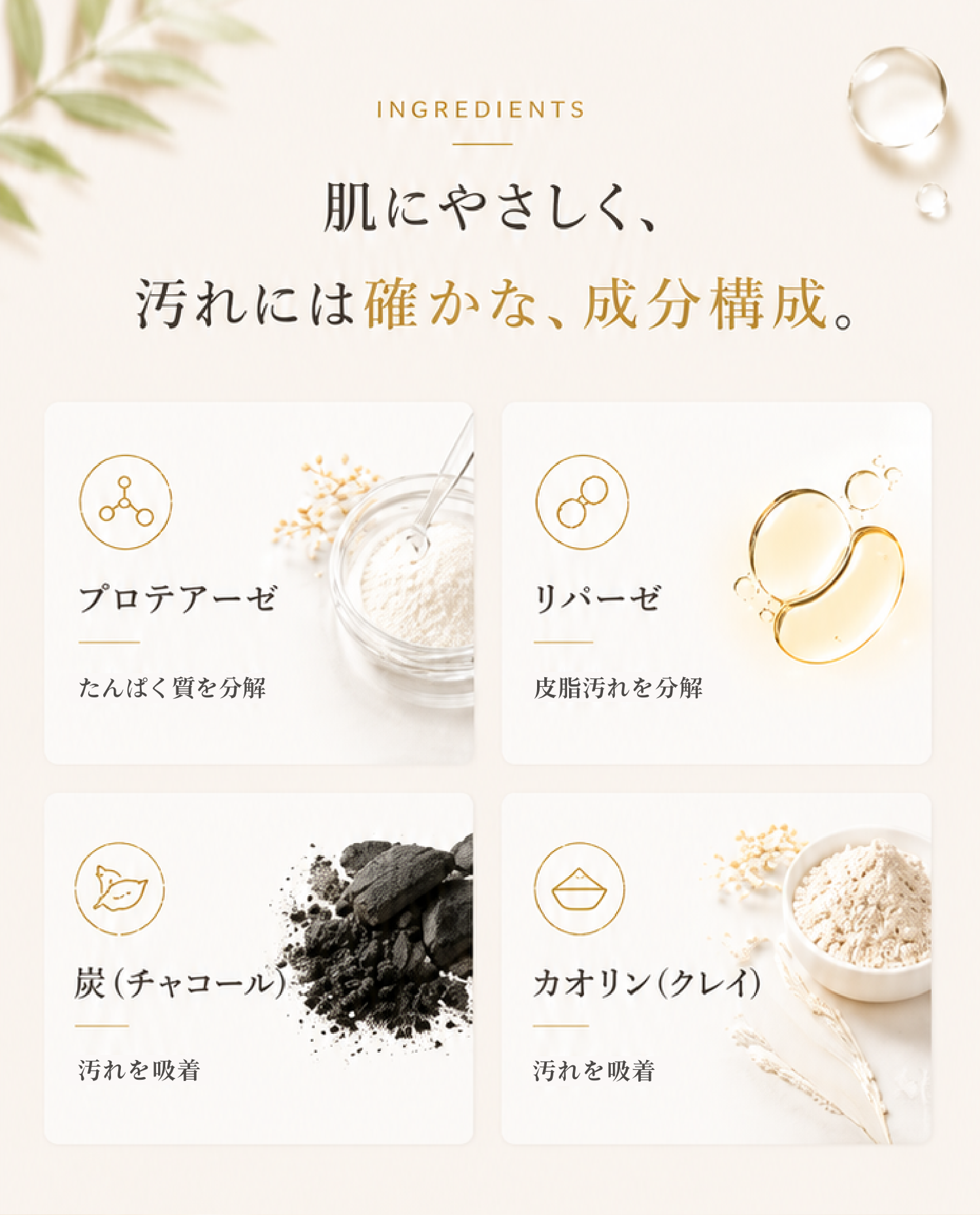 ubuyu の成分｜プロテアーゼ・リパーゼ・炭（チャコール）・カオリン（クレイ）
