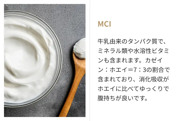 MCI。牛乳由来のタンパク質で、ミネラル類や水溶性ビタミンも含まれます。カゼイン：ホエイ＝7：3の割合で含まれており、消化吸収がホエイに比べてゆっくりで腹持ちが良いです。