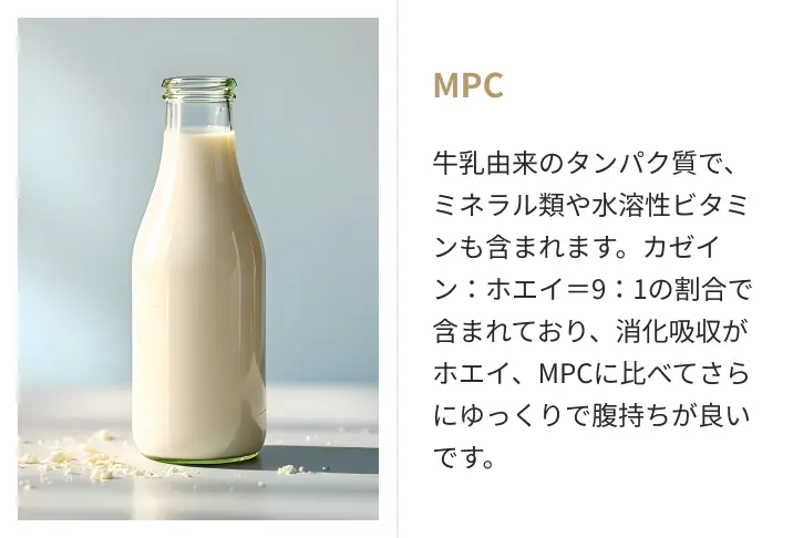 MPC。牛乳由来のタンパク質で、ミネラル類や水溶性ビタミンも含まれます。カゼイン：ホエイ＝9：1の割合で含まれており、消化吸収がホエイ、MPCに比べてさらにゆっくりで腹持ちが良いです。
