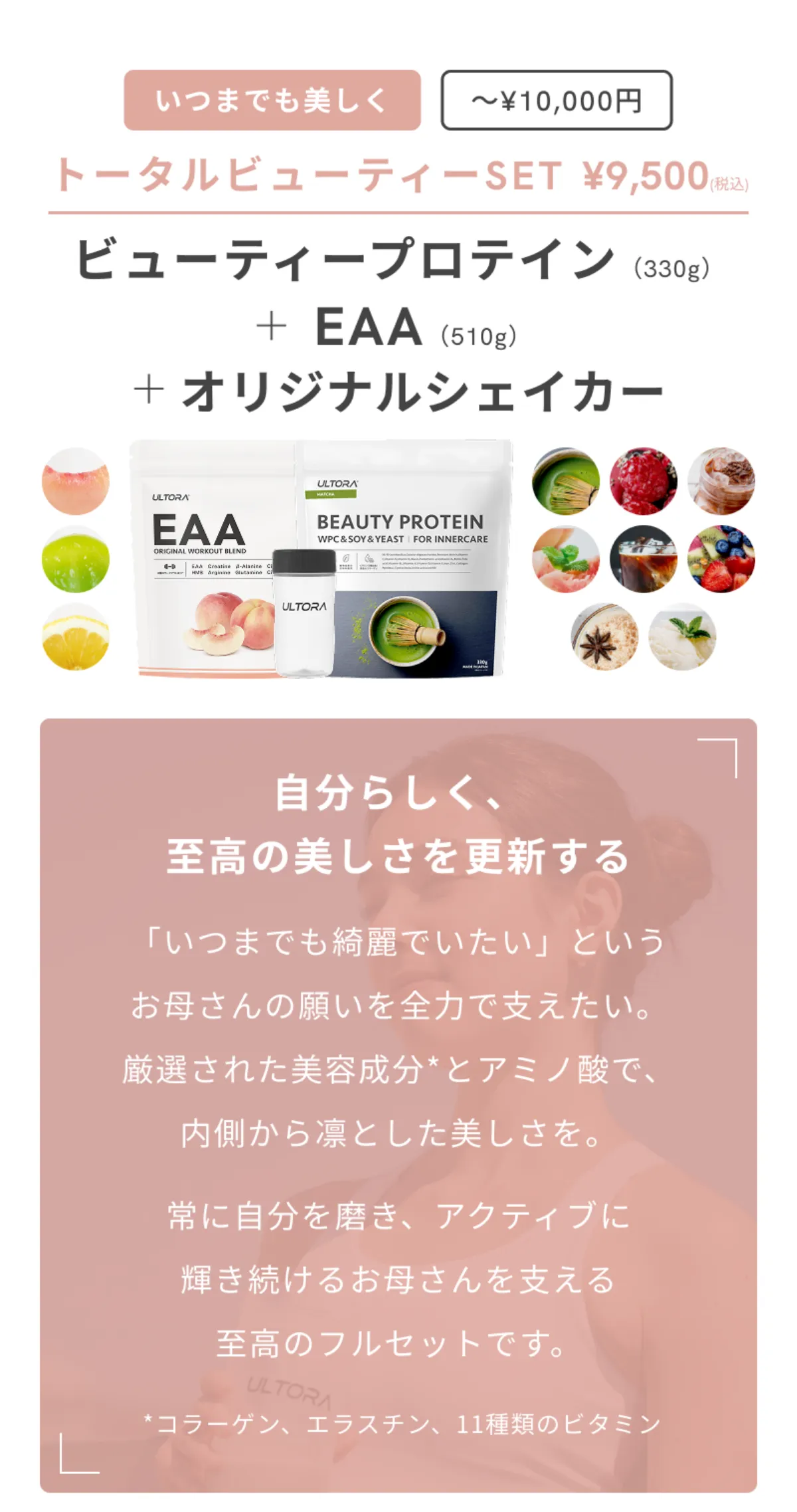 ビューティープロテインとEAAの特徴を紹介するイメージ。