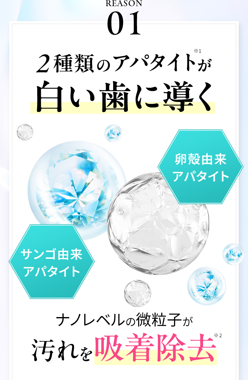 REASON01 2種類のアパタイトが白い歯に導く ナノレベルの微粒子が汚れを吸着除去