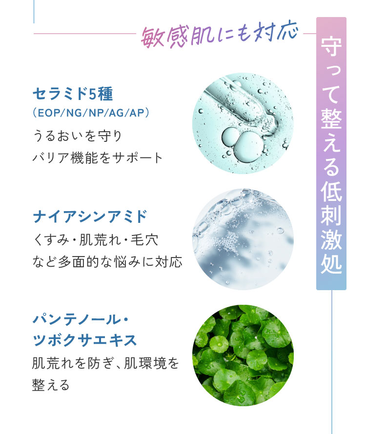 セラミド5種、ナイアシンアミド、パンテノール・ツボクサエキス