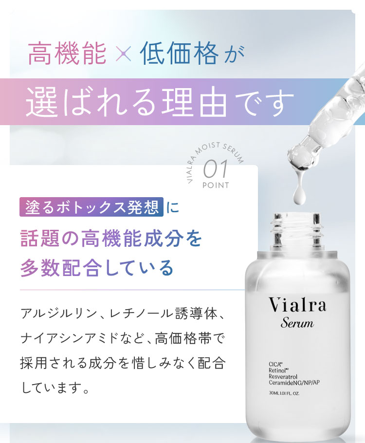 高機能×低価格が選ばれる理由です point01.塗るボトックス発想に話題の高機能成分を多数配合している