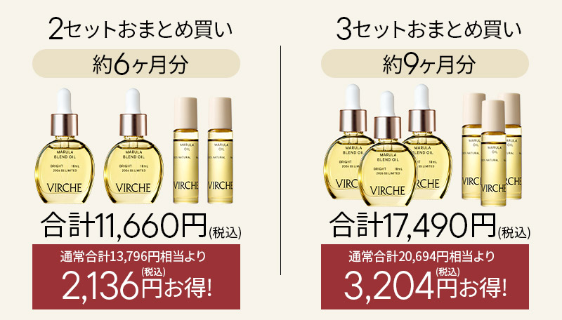 2セットおまとめ買いで、合計11,660円(税込)。通常合計13,796円相当より2,136円(税込)お得。3セットおまとめ買い、合計17,490円(税込)。通常合計20,694円相当より3,204円(税込)お得。